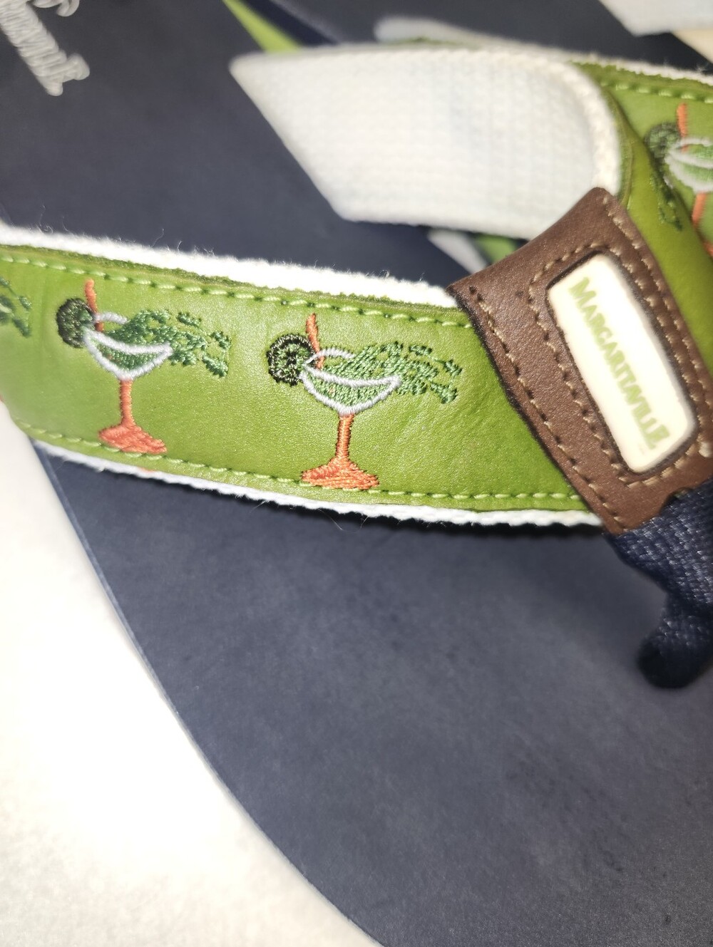 Margaritaville Navy Blue & Bright Green "Rita Time" Leather Upper Flip Flops, 8 - Picture 7 of 11